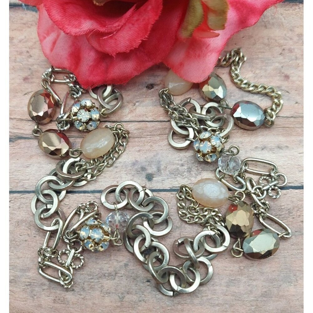 Loft Brushed Gold Tone Chain & Bead Station Necklace Crystals 36" Long
